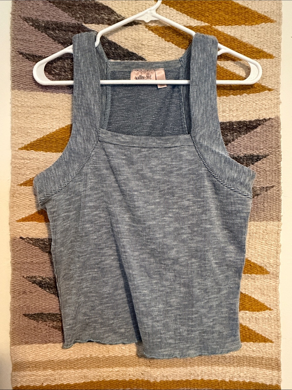 Ribbed Denim-Blue Tank Top with Wide Straps